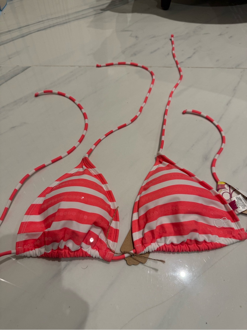 OP Pink and White Striped Triangle Bikini Top